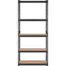 Uzglabāšanas plauktu sistēma, regulējama, 5 līmeņi, melna metāla konstrukcija ar režģa virsmu, 900 kg, 91 × 46 × 183 cm