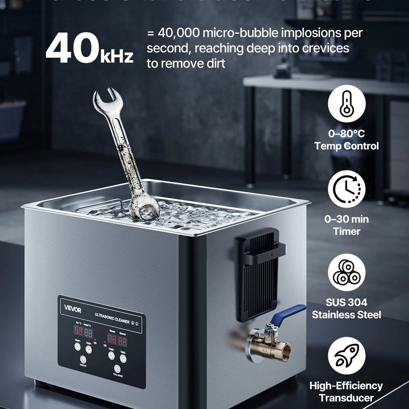 VEVOR 15 l ultraskaņas tīrītājs, profesionāla ultraskaņas tīrīšanas iekārta ar tīrīšanas grozu un digitālo displeju, 240 W nerūsējošā tērauda 40 kHz industriāls tīrītājs detaļu, karburatoru un instrumentu tīrīšanai