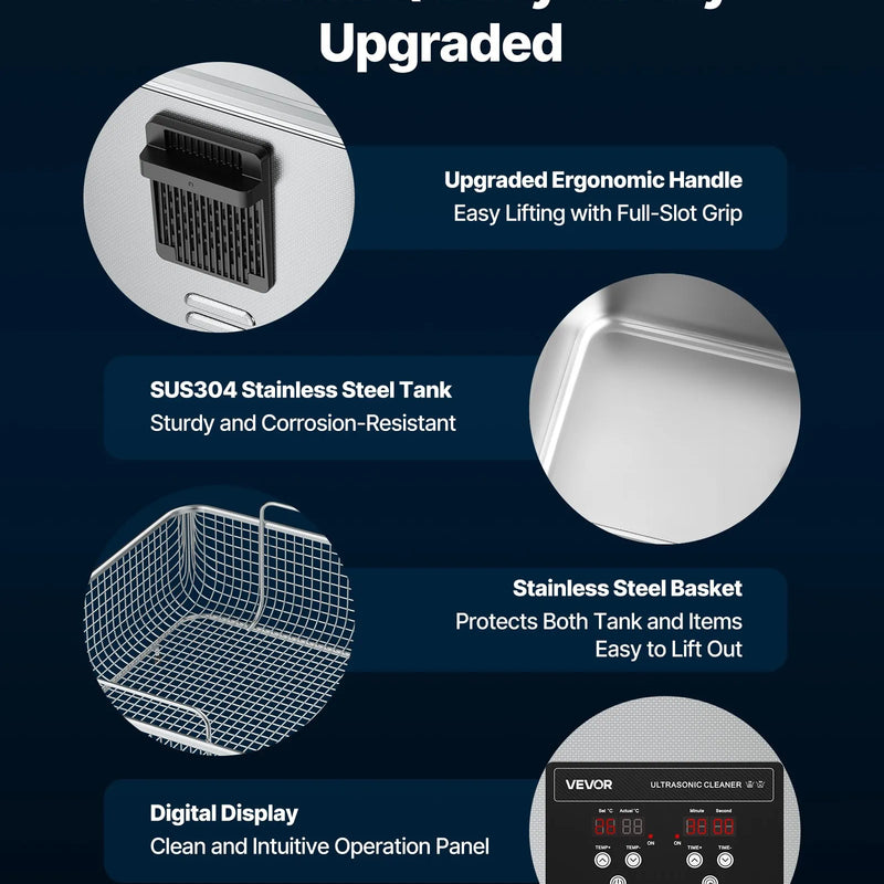 VEVOR 15 l ultraskaņas tīrītājs, profesionāla ultraskaņas tīrīšanas iekārta ar tīrīšanas grozu un digitālo displeju, 240 W nerūsējošā tērauda 40 kHz industriāls tīrītājs detaļu, karburatoru un instrumentu tīrīšanai