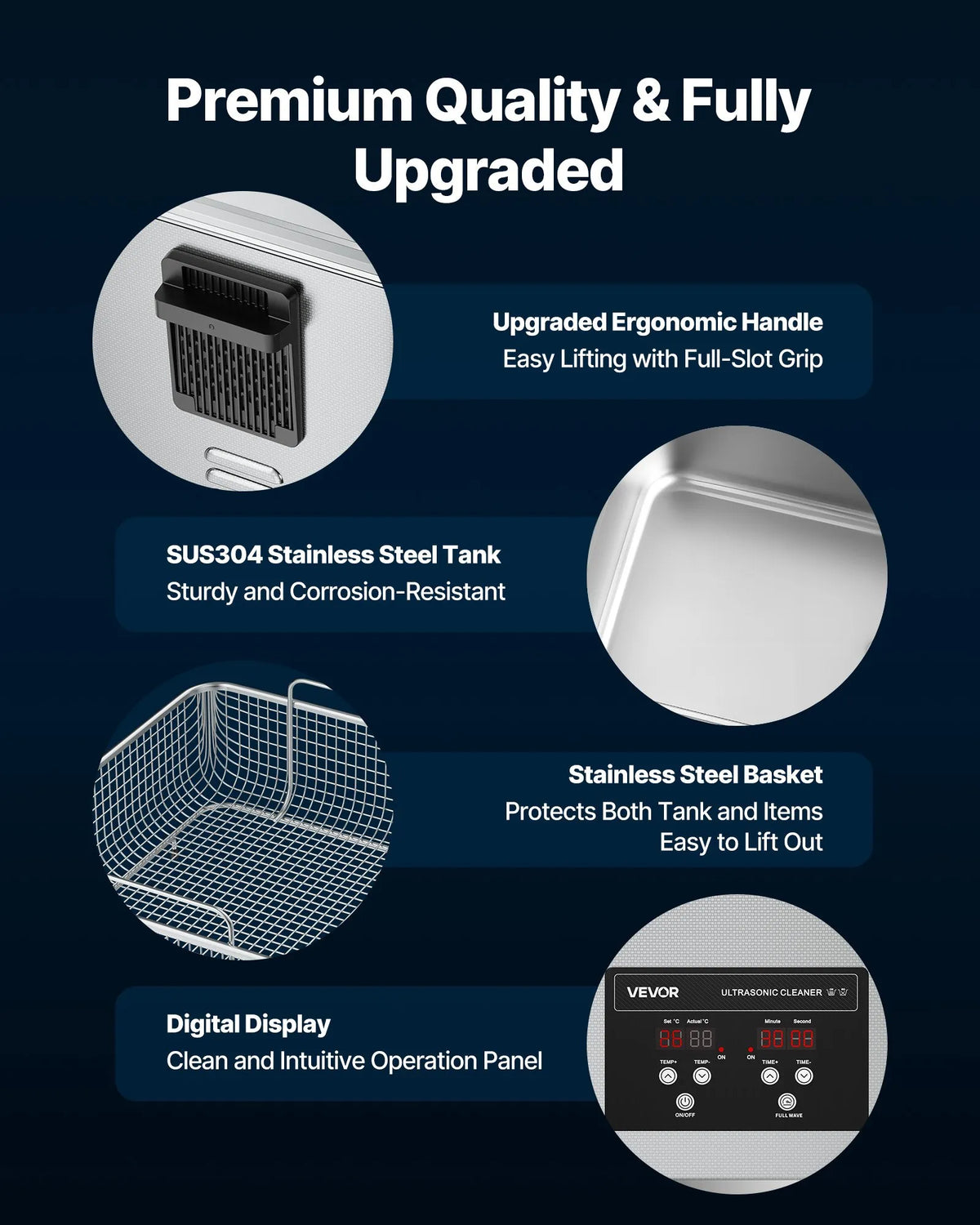 VEVOR 15 l Ultrasonic Cleaner, Professional Ultrasonic Cleaning Machine with Cleaning Basket and Digital Display, 240 W Stainless Steel 40 kHz Industrial Cleaner for Parts, Carburettors and Tools