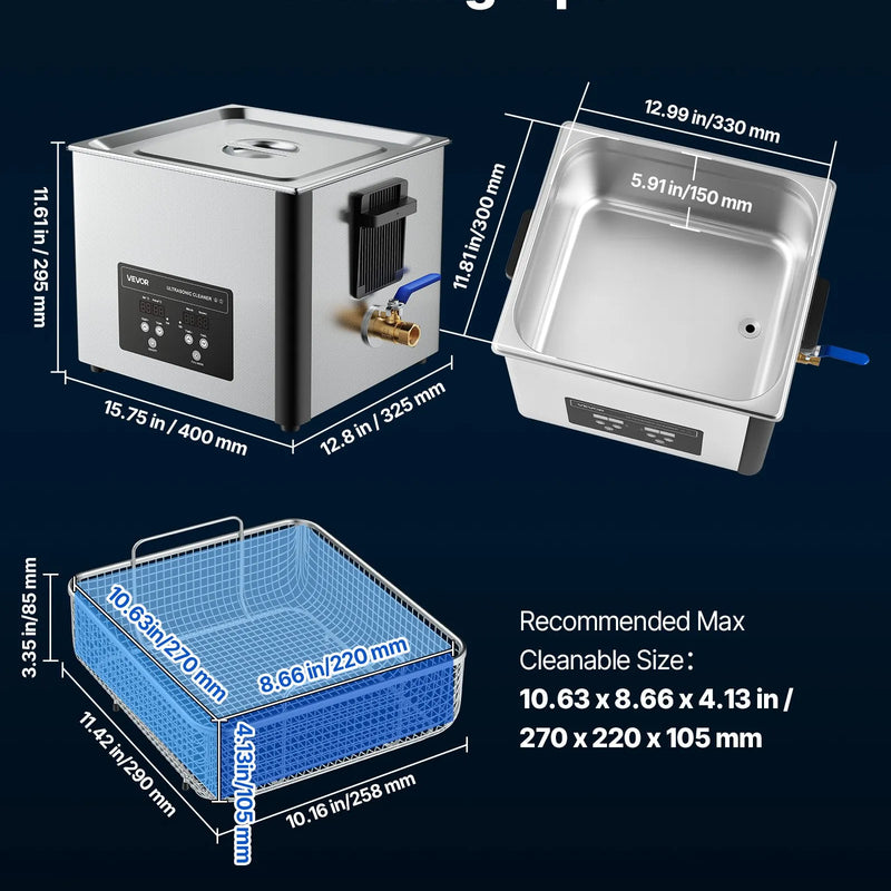 VEVOR 15 l ultraskaņas tīrītājs, profesionāla ultraskaņas tīrīšanas iekārta ar tīrīšanas grozu un digitālo displeju, 240 W nerūsējošā tērauda 40 kHz industriāls tīrītājs detaļu, karburatoru un instrumentu tīrīšanai