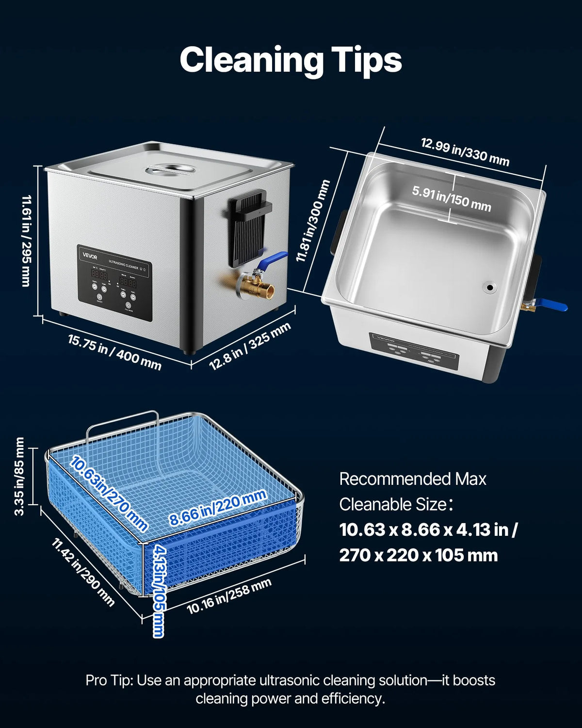 VEVOR 15 l Ultrasonic Cleaner, Professional Ultrasonic Cleaning Machine with Cleaning Basket and Digital Display, 240 W Stainless Steel 40 kHz Industrial Cleaner for Parts, Carburettors and Tools