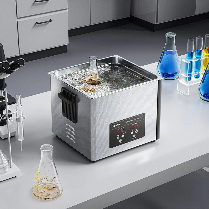 VEVOR 15 l ultraskaņas tīrītājs, profesionāla ultraskaņas tīrīšanas iekārta ar tīrīšanas grozu un digitālo displeju, 240 W nerūsējošā tērauda 40 kHz industriāls tīrītājs detaļu, karburatoru un instrumentu tīrīšanai