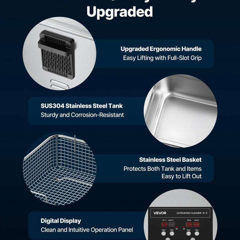 VEVOR 10 l ultraskaņas tīrītājs, profesionāla ultraskaņas tīrīšanas iekārta ar tīrīšanas grozu un digitālo displeju, 180 W nerūsējošā tērauda 40 kHz tīrīšanas iekārta pulksteņu, skuvekļu, juvelierizstrādājumu, monētu un citu priekšmetu tīrīšanai
