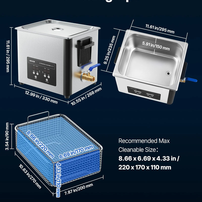 VEVOR 10 l ultraskaņas tīrītājs, profesionāla ultraskaņas tīrīšanas iekārta ar tīrīšanas grozu un digitālo displeju, 180 W nerūsējošā tērauda 40 kHz tīrīšanas iekārta pulksteņu, skuvekļu, juvelierizstrādājumu, monētu un citu priekšmetu tīrīšanai