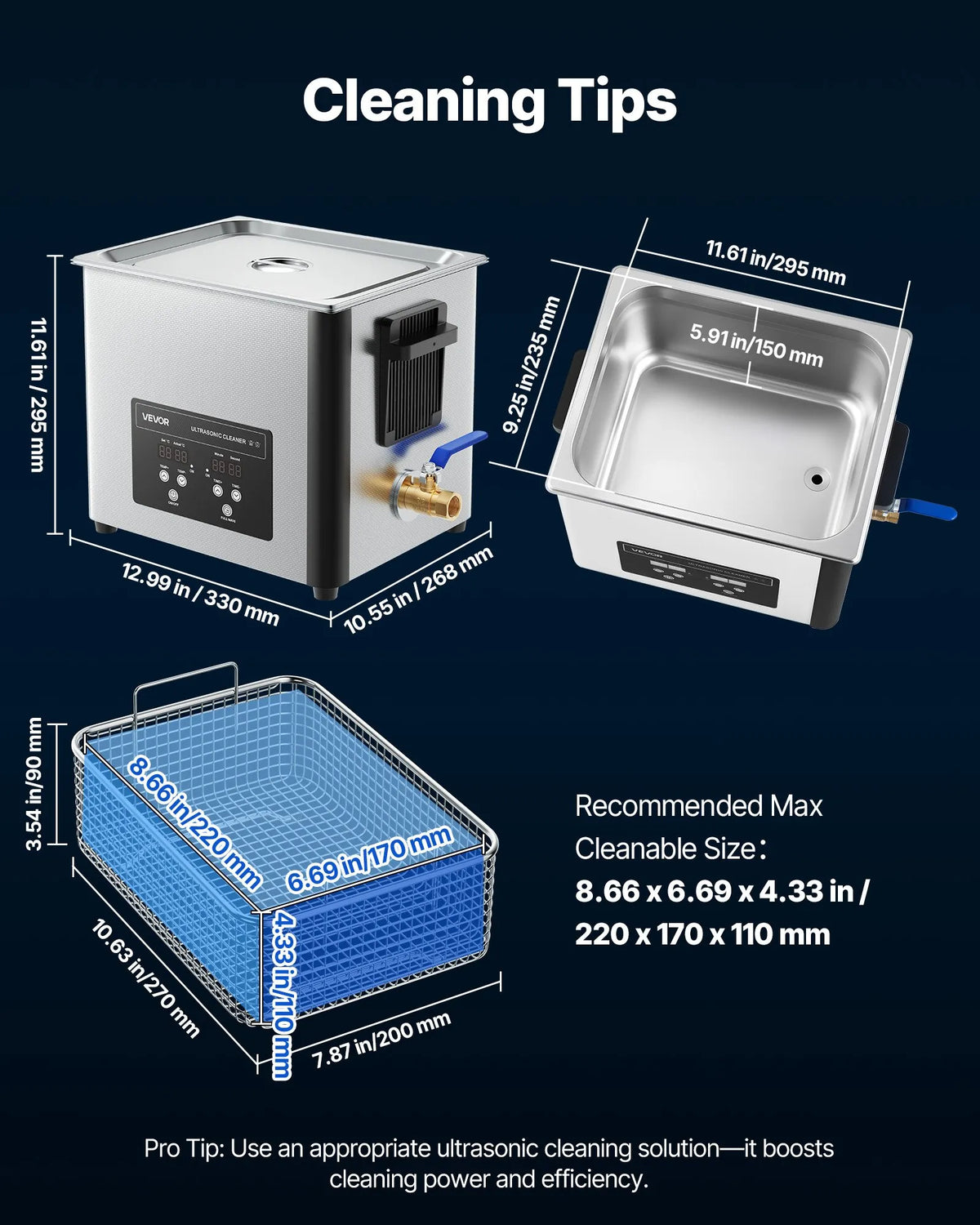 VEVOR 10 l Ultrasonic Cleaner, Professional Ultrasonic Cleaning Machine with Cleaning Basket and Digital Display, 180 W Stainless Steel 40 kHz Cleaning Equipment for Watches, Razors, Jewellery, Coins and Other Items