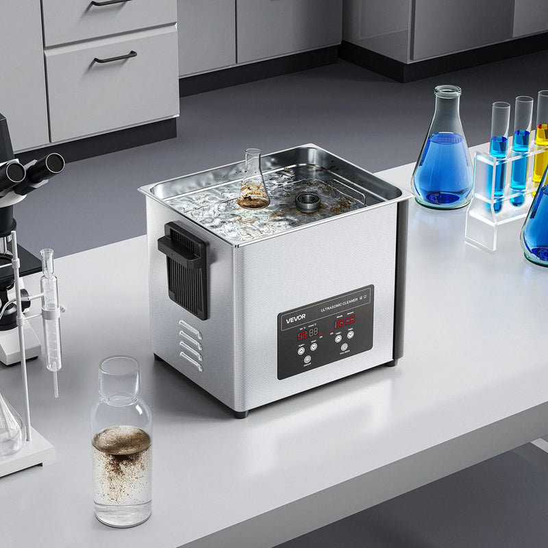 VEVOR 10 l ultraskaņas tīrītājs, profesionāla ultraskaņas tīrīšanas iekārta ar tīrīšanas grozu un digitālo displeju, 180 W nerūsējošā tērauda 40 kHz tīrīšanas iekārta pulksteņu, skuvekļu, juvelierizstrādājumu, monētu un citu priekšmetu tīrīšanai