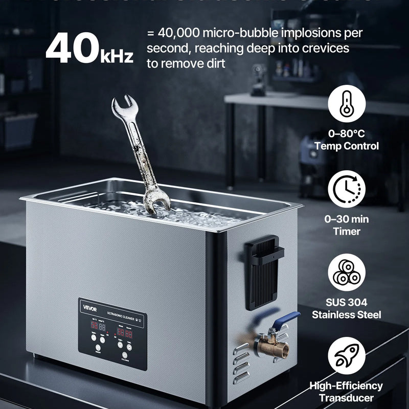 VEVOR 30 l ultraskaņas tīrītājs, profesionāla ultraskaņas tīrīšanas iekārta ar tīrīšanas grozu un digitālo displeju, 480 W nerūsējošā tērauda 40 kHz industriāls tīrītājs detaļu, karburatoru un instrumentu tīrīšanai