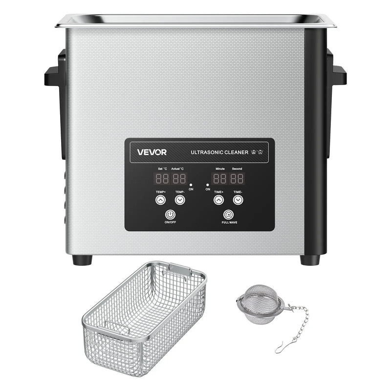 VEVOR 6 l ultraskaņas tīrītājs, profesionāla ultraskaņas tīrīšanas iekārta ar tīrīšanas grozu un digitālo displeju, 120 W nerūsējošā tērauda 40 kHz tīrīšanas iekārta pulksteņu, skuvekļu, juvelierizstrādājumu, monētu un citu priekšmetu tīrīšanai.