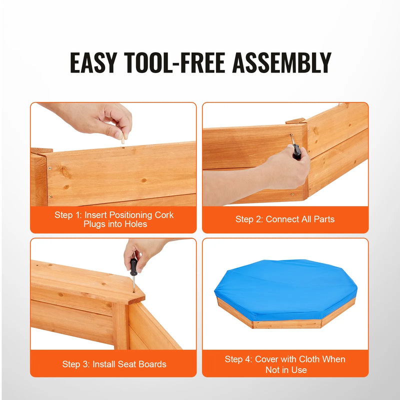 VEVOR koka smilšu kaste ar pārsegu, astoņstūraina smilšu kaste 192 × 192 × 23 cm ar 4 sēdvietām un apakšas oderi, bērnu smilšu kaste lietošanai pagalmā, pludmalē vai parkā, piemērota bērniem no 3 līdz 12 gadiem