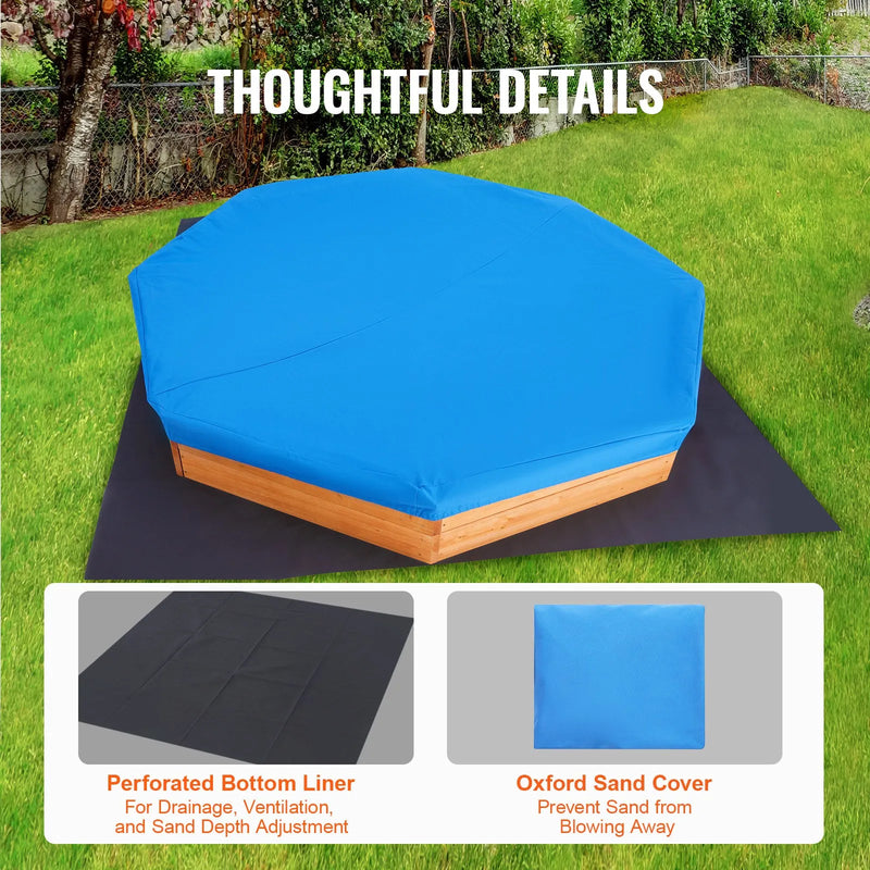 VEVOR koka smilšu kaste ar pārsegu, astoņstūraina smilšu kaste 192 × 192 × 23 cm ar 4 sēdvietām un apakšas oderi, bērnu smilšu kaste lietošanai pagalmā, pludmalē vai parkā, piemērota bērniem no 3 līdz 12 gadiem