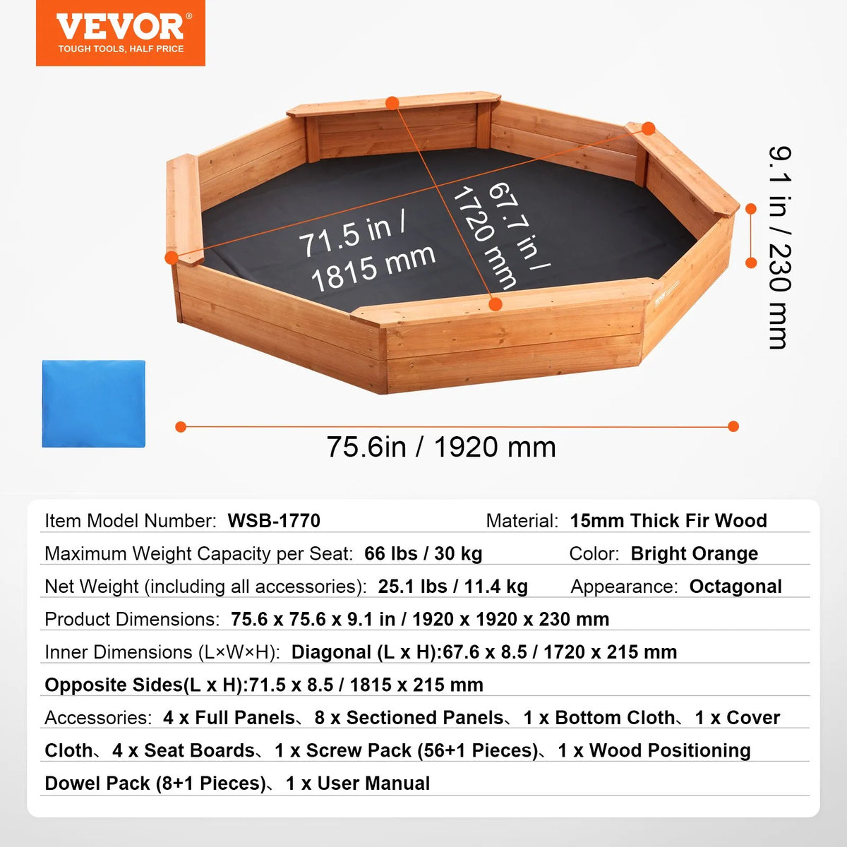 VEVOR восьмиугольная деревянная песочница с крышкой и 4 сиденьями, 192 × 192 × 23 см