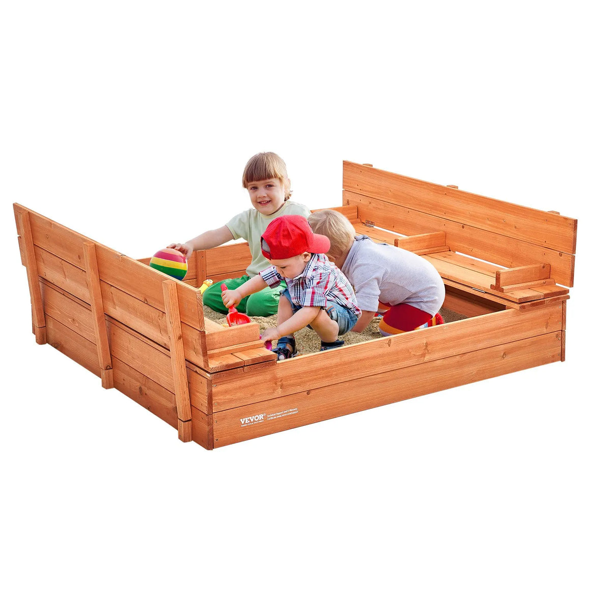 VEVOR Wooden Sandbox with Foldable Benches, 133 × 120 × 43 cm