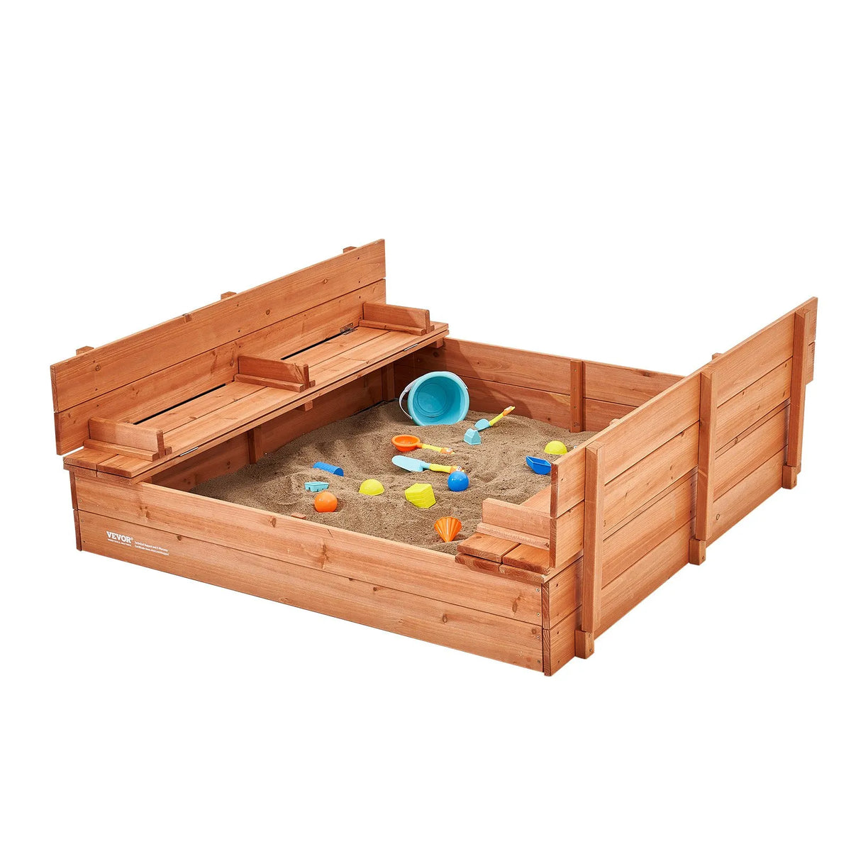 VEVOR Wooden Sandbox with Foldable Benches, 133 × 120 × 43 cm