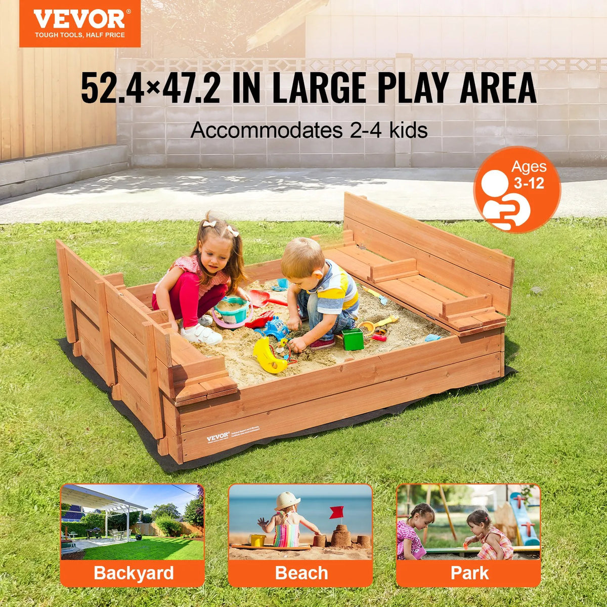 VEVOR Wooden Sandbox with Foldable Benches, 133 × 120 × 43 cm