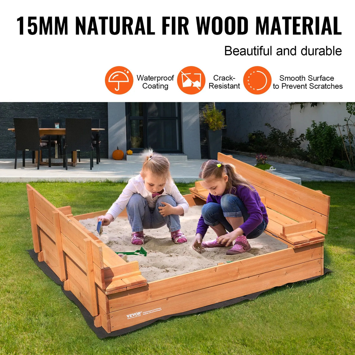 VEVOR Wooden Sandbox with Foldable Benches, 133 × 120 × 43 cm
