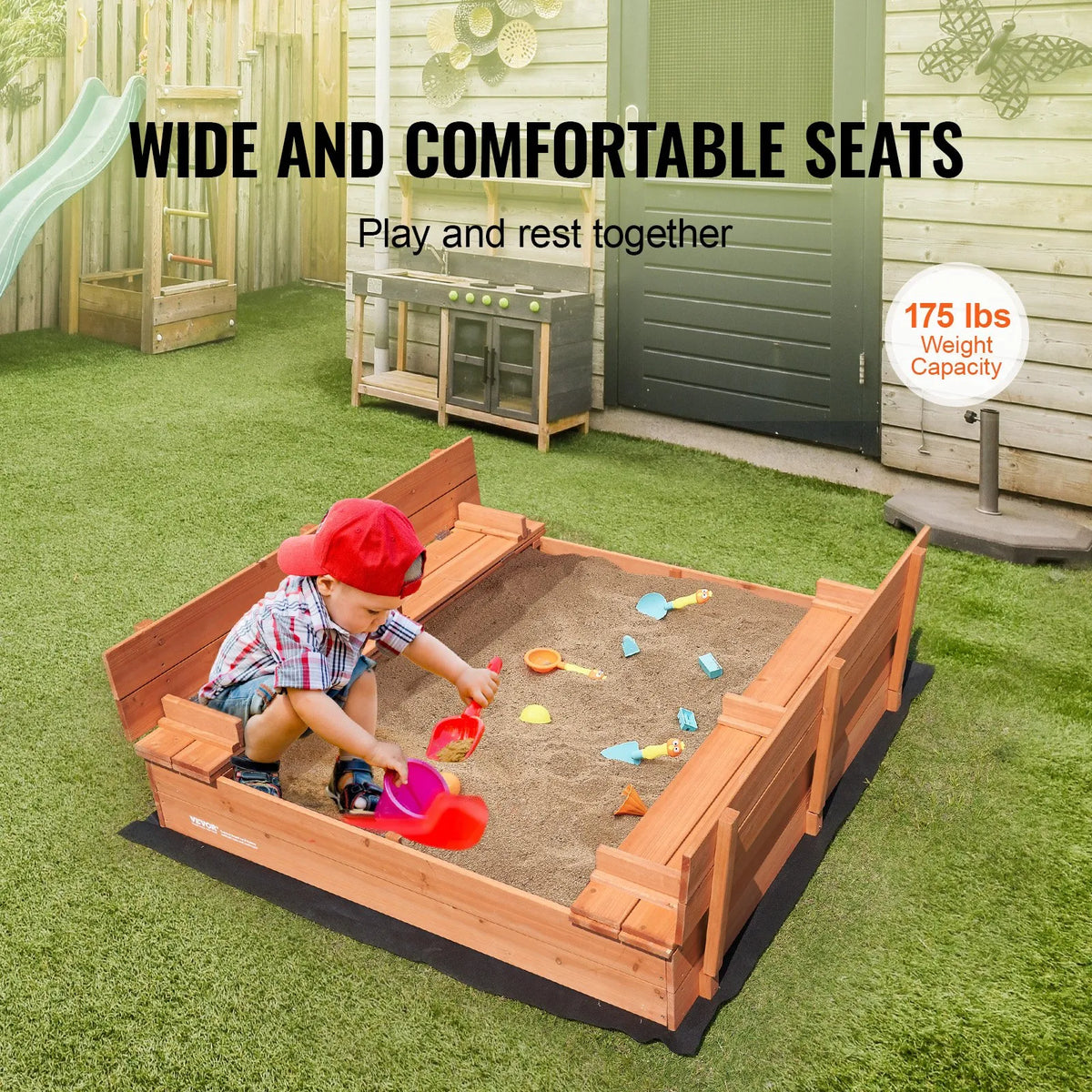VEVOR Wooden Sandbox with Foldable Benches, 133 × 120 × 43 cm