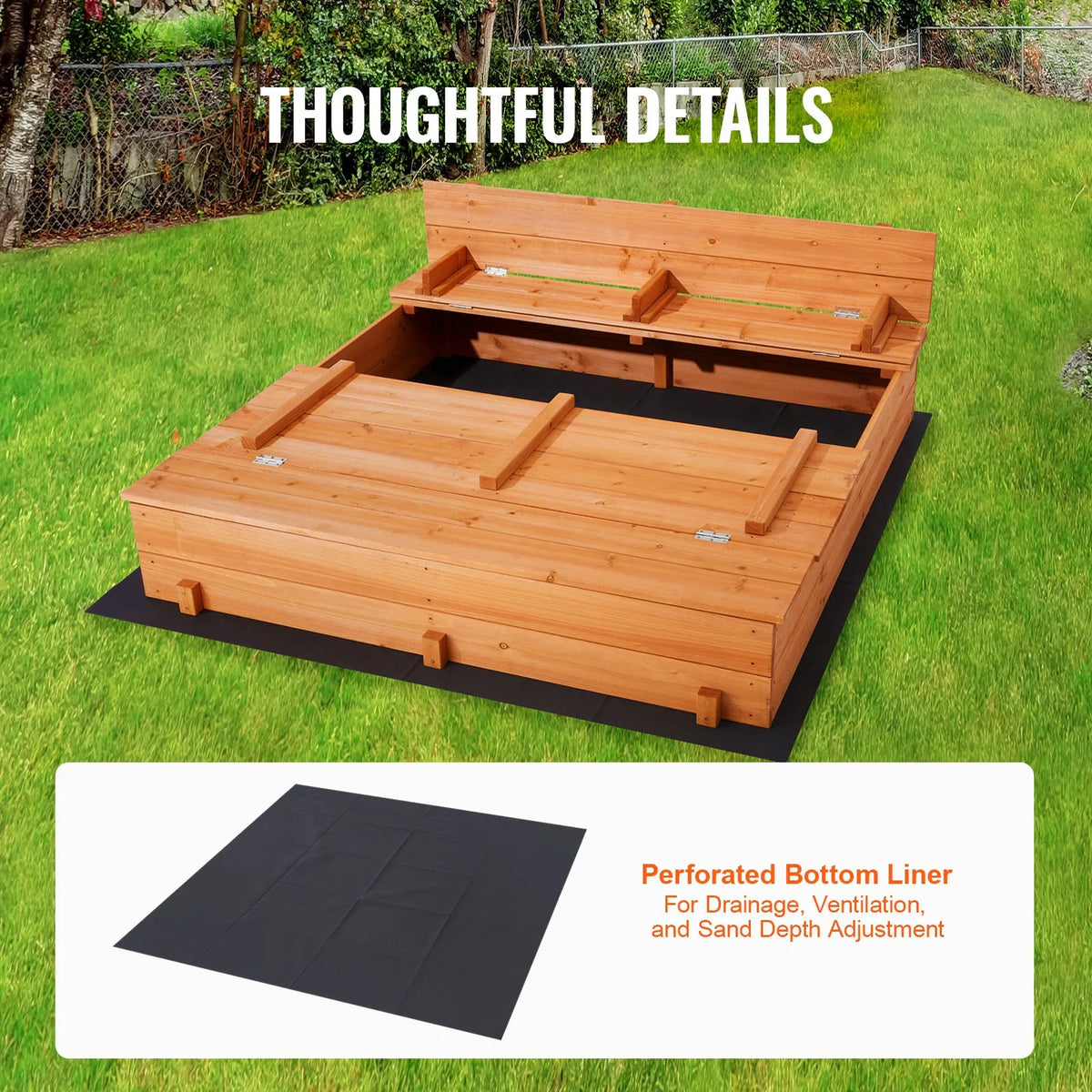 VEVOR Wooden Sandbox with Foldable Benches, 133 × 120 × 43 cm