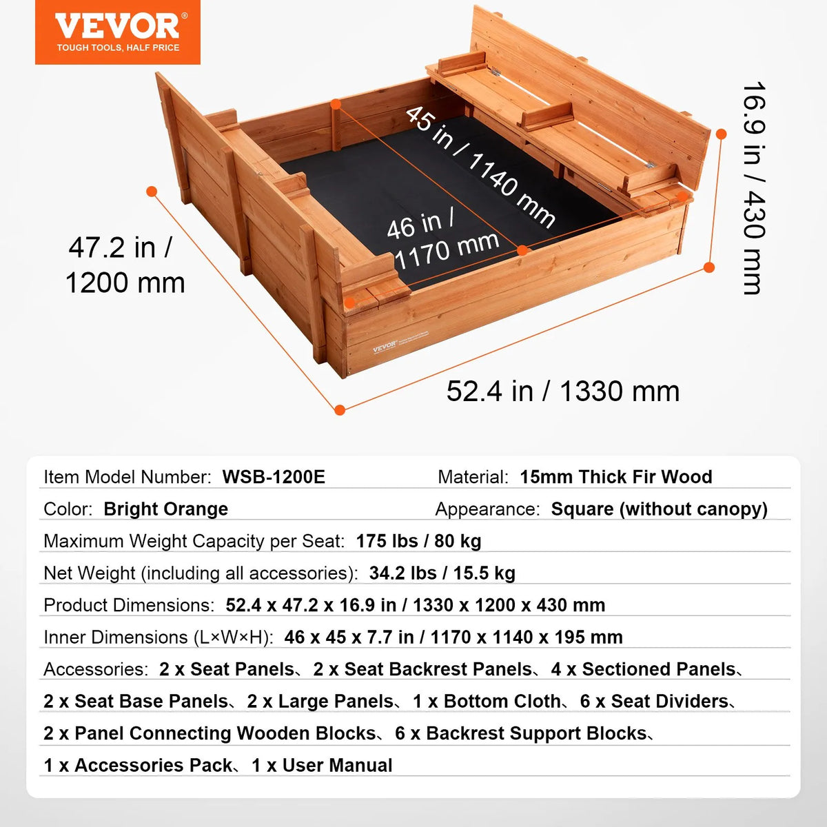 VEVOR Wooden Sandbox with Foldable Benches, 133 × 120 × 43 cm
