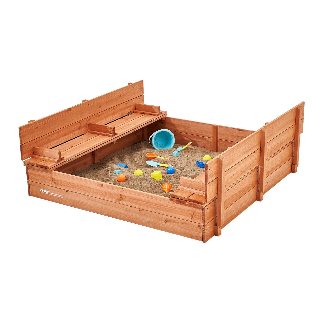 VEVOR Wooden Sandbox with Foldable Benches, 133 × 120 × 43 cm