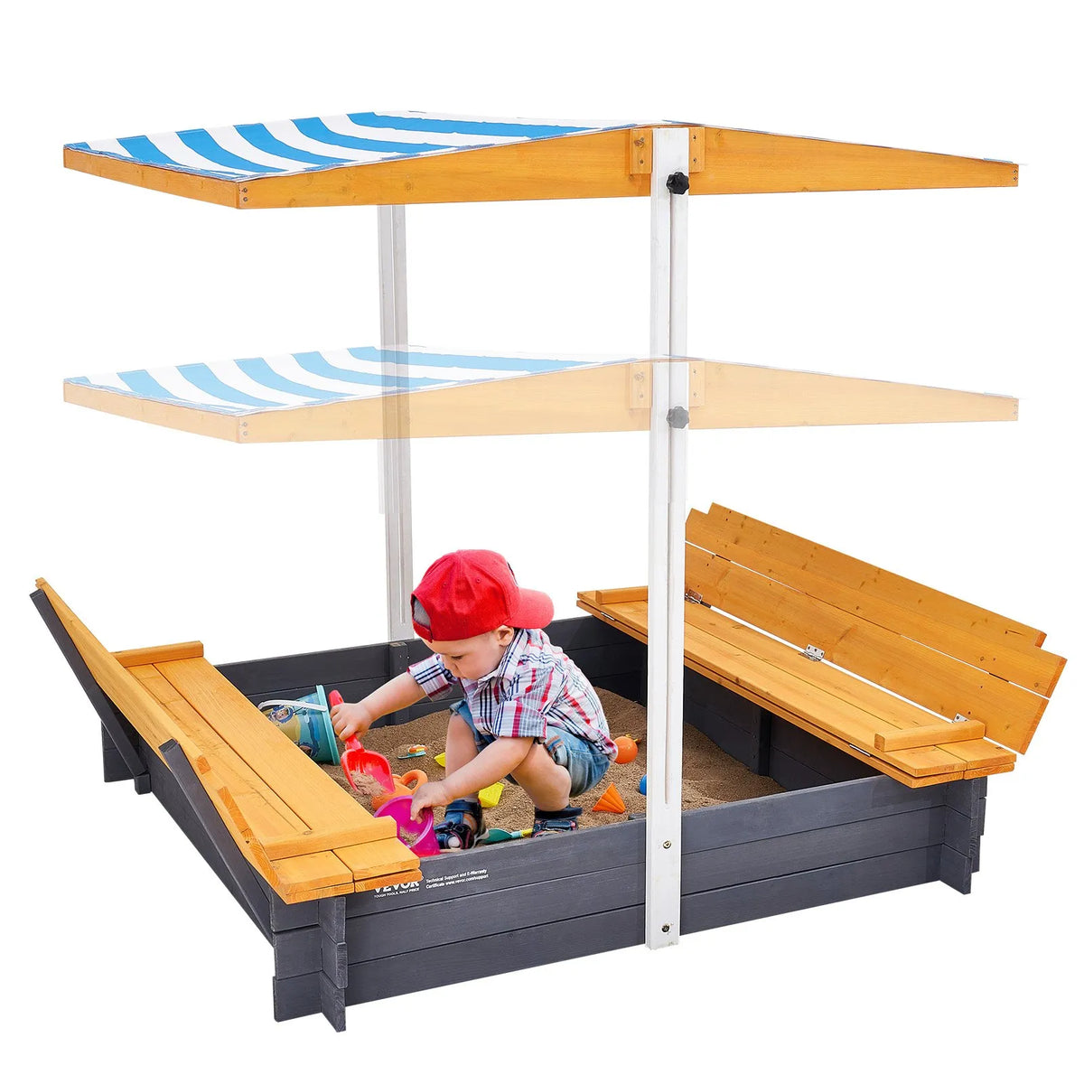 VEVOR Wooden Sandbox with Canopy and Foldable Benches, 145.5 × 120 × 120 cm