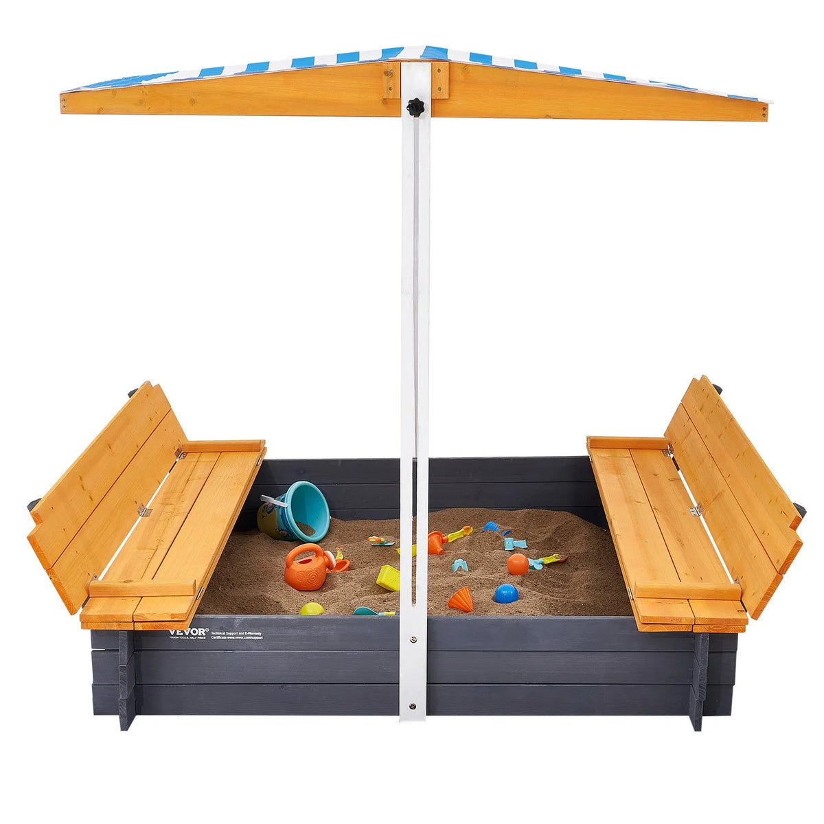 VEVOR Wooden Sandbox with Canopy and Foldable Benches, 145.5 × 120 × 120 cm