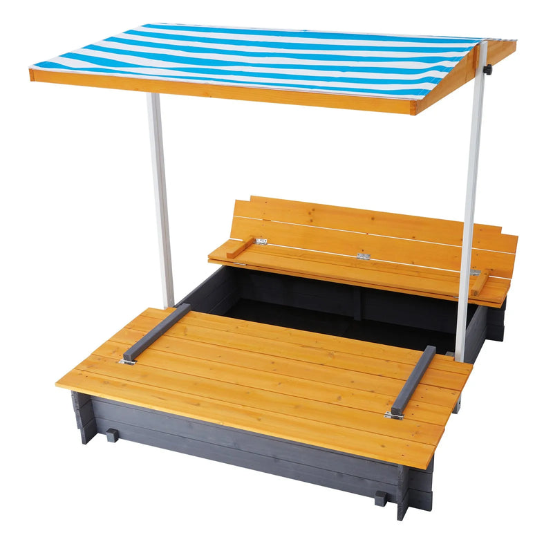 VEVOR koka smilšu kaste ar nojumi, 145,5 × 120 × 120 cm smilšu kaste ar salokāmiem soliņiem un apakšas oderi, dabīga koka bērnu smilšu kaste lietošanai pagalmā, pludmalē vai parkā, piemērota bērniem no 3 līdz 12 gadiem