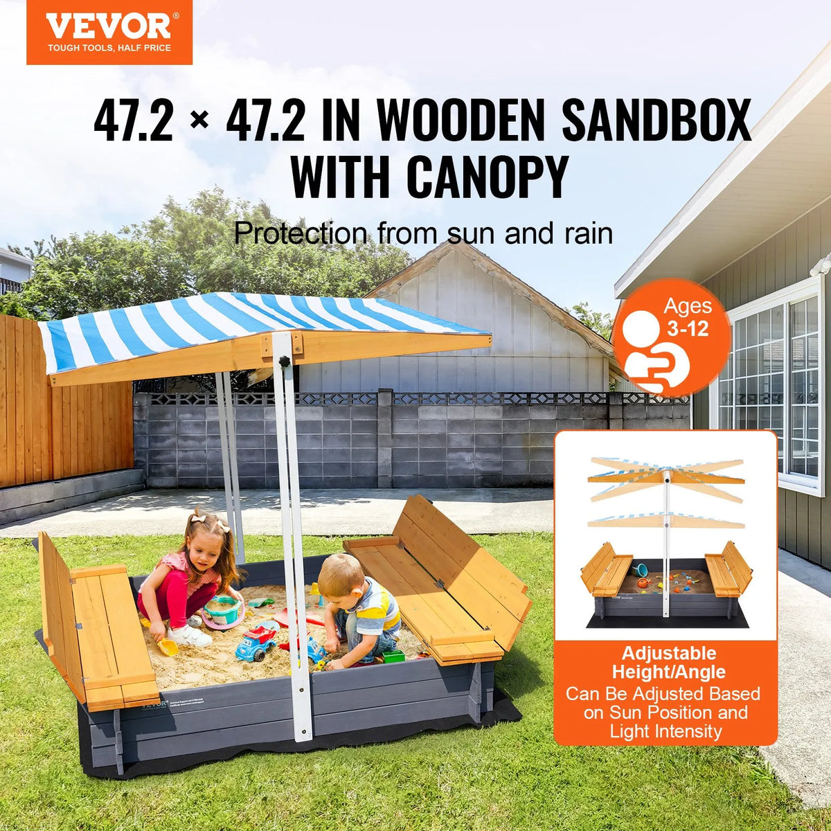 VEVOR Wooden Sandbox with Canopy and Foldable Benches, 145.5 × 120 × 120 cm