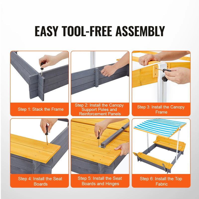 VEVOR koka smilšu kaste ar nojumi, 145,5 × 120 × 120 cm smilšu kaste ar salokāmiem soliņiem un apakšas oderi, dabīga koka bērnu smilšu kaste lietošanai pagalmā, pludmalē vai parkā, piemērota bērniem no 3 līdz 12 gadiem