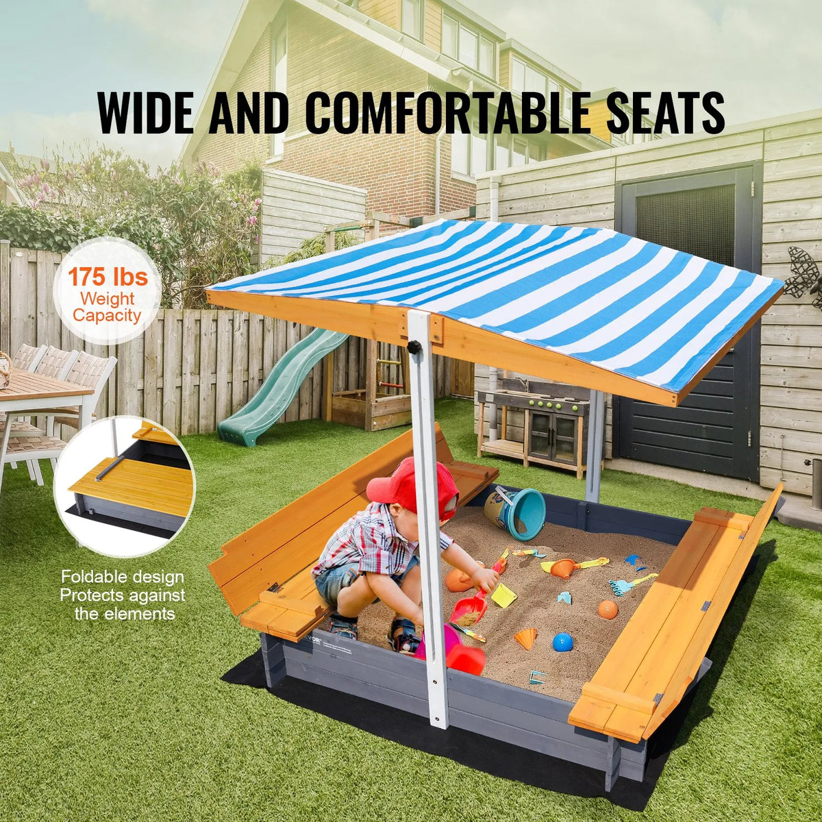 VEVOR Wooden Sandbox with Canopy and Foldable Benches, 145.5 × 120 × 120 cm