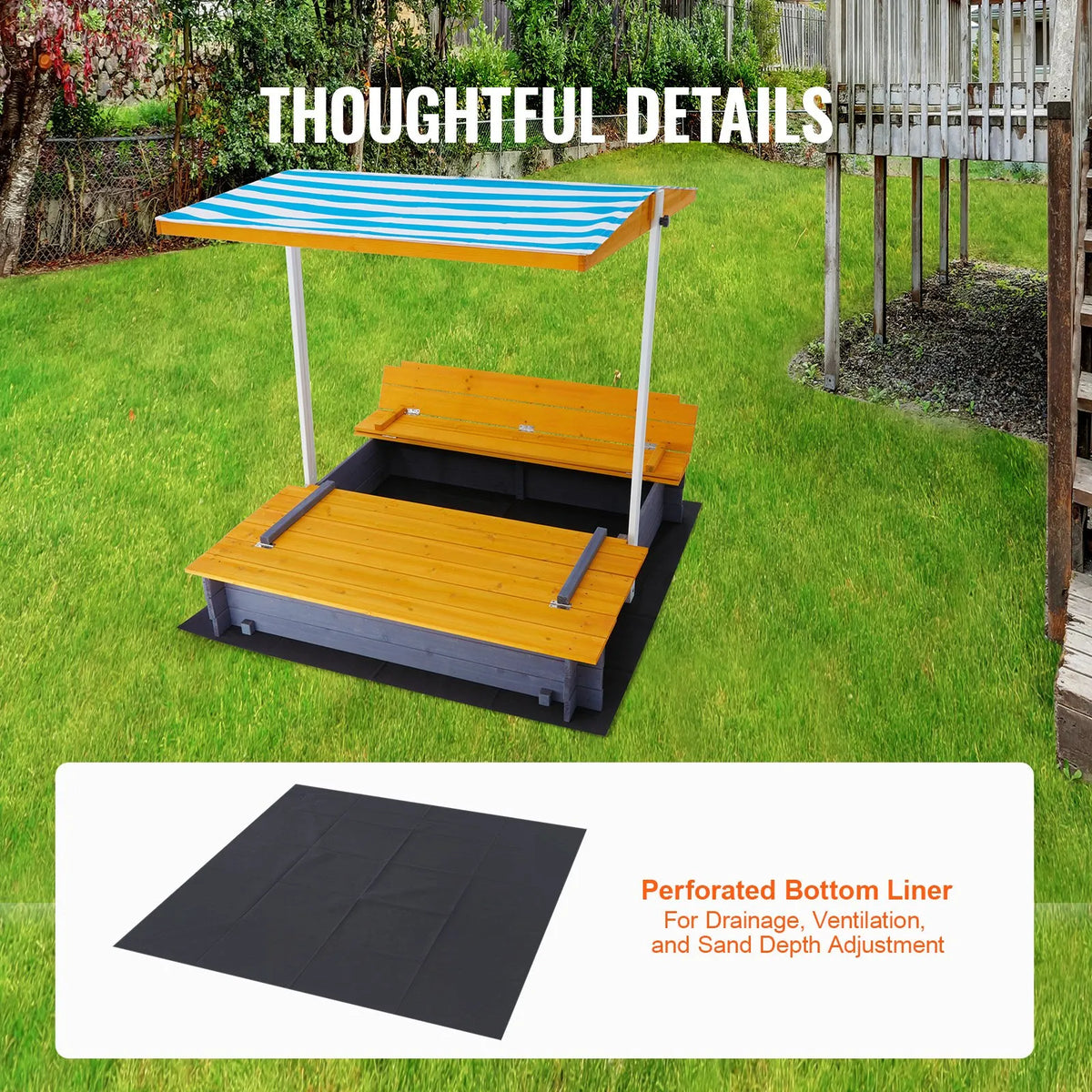 VEVOR Wooden Sandbox with Canopy and Foldable Benches, 145.5 × 120 × 120 cm