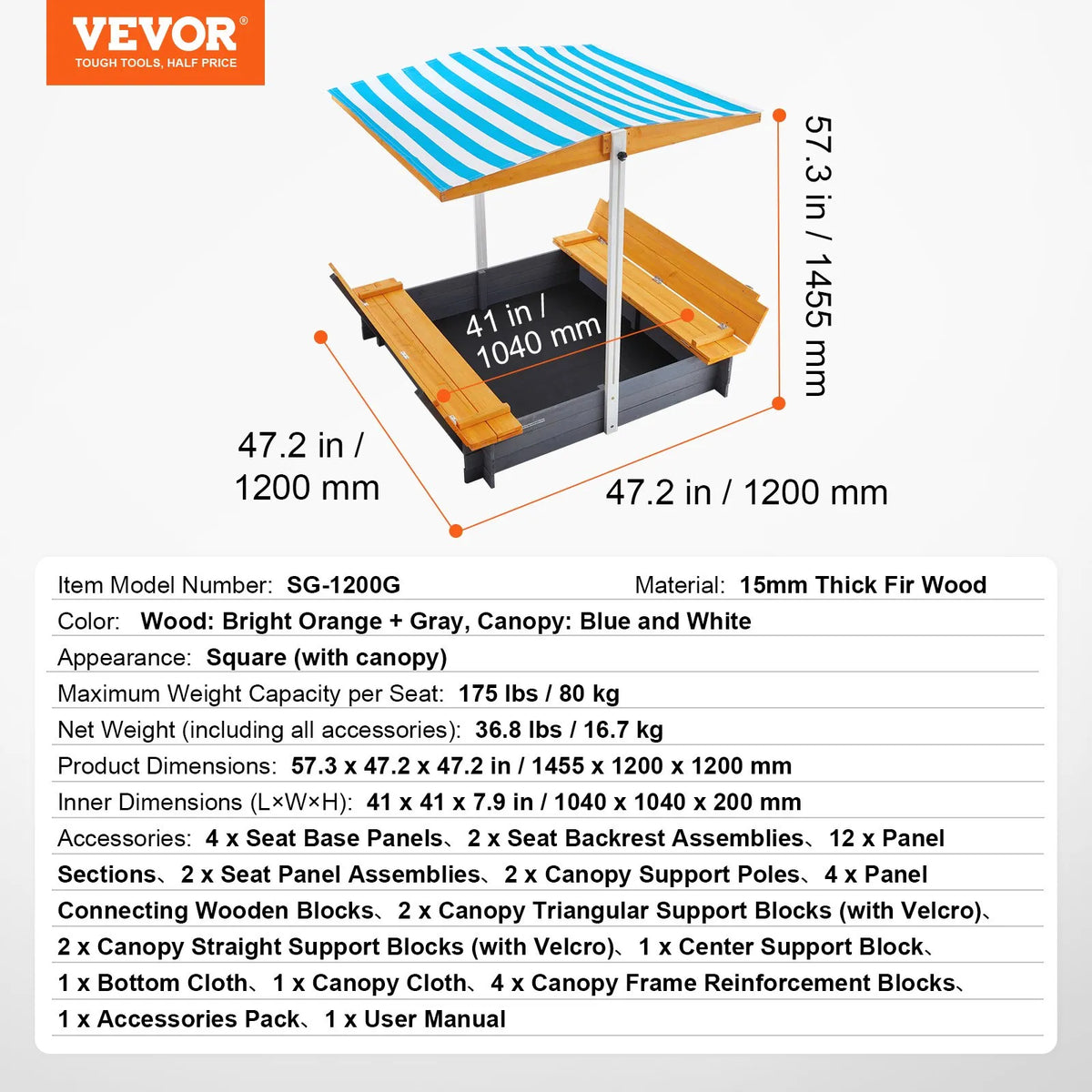 VEVOR Wooden Sandbox with Canopy and Foldable Benches, 145.5 × 120 × 120 cm