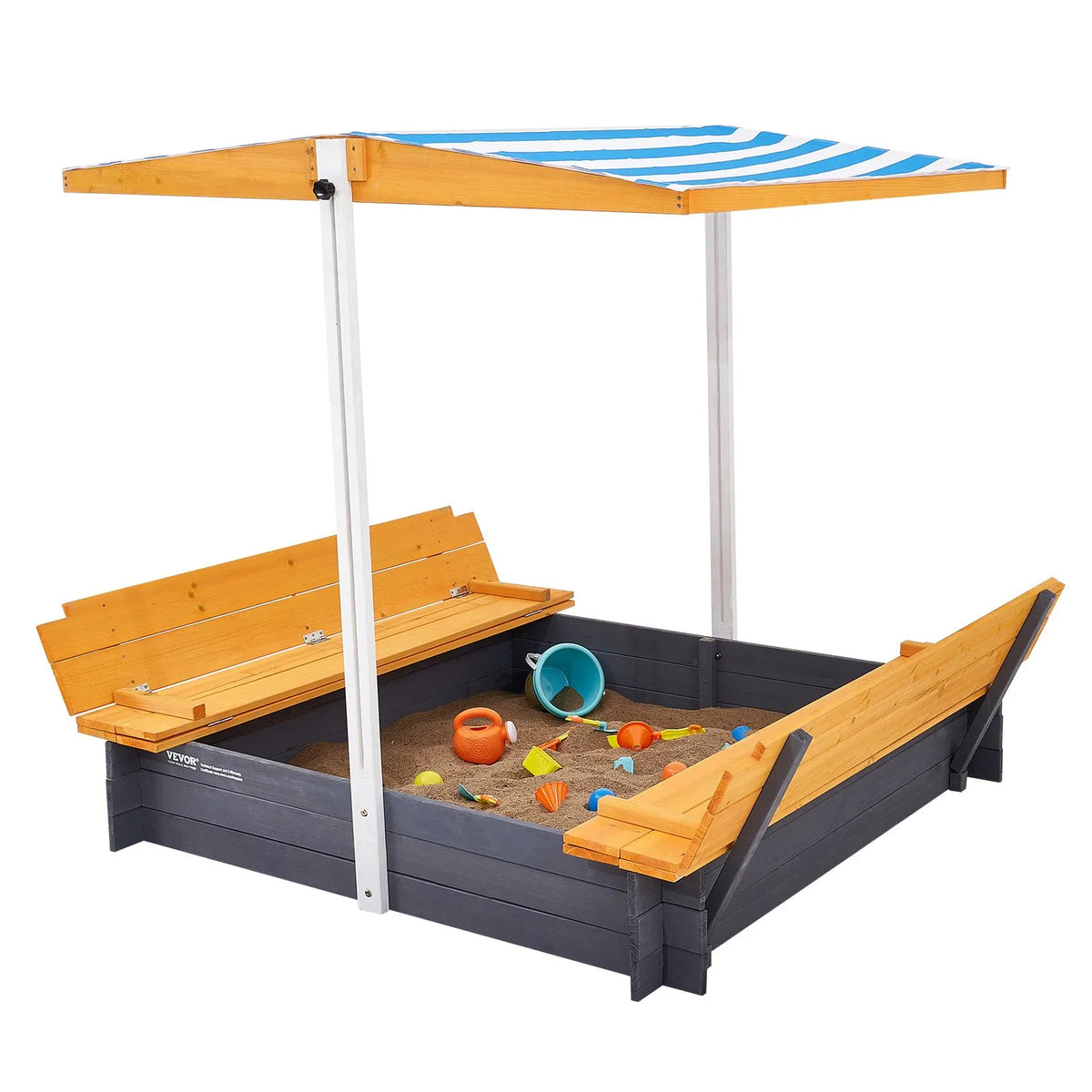 VEVOR Wooden Sandbox with Canopy and Foldable Benches, 145.5 × 120 × 120 cm