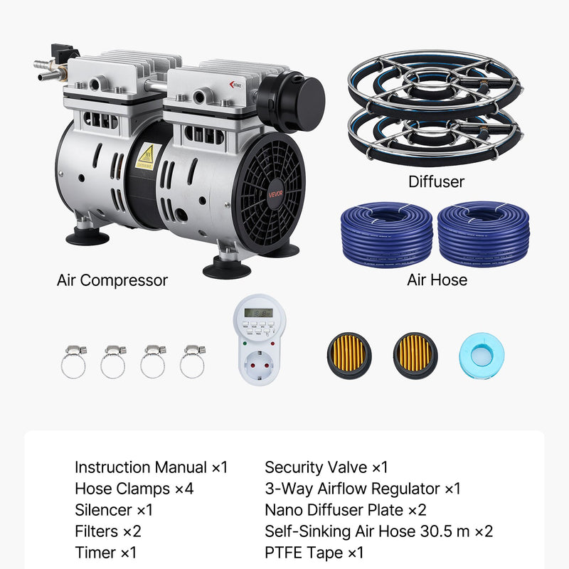 VEVOR dīķu aerators, aerācijas sistēma 5,2 CFM dīķiem līdz 3 akriem, 4/5 ZS gaisa kompresors, 2 difuzori un divas 30,5 m noslogotas šļūtenes, āra dīķu aerācijas sūknis dziļūdens skābekļa cirkulācijai