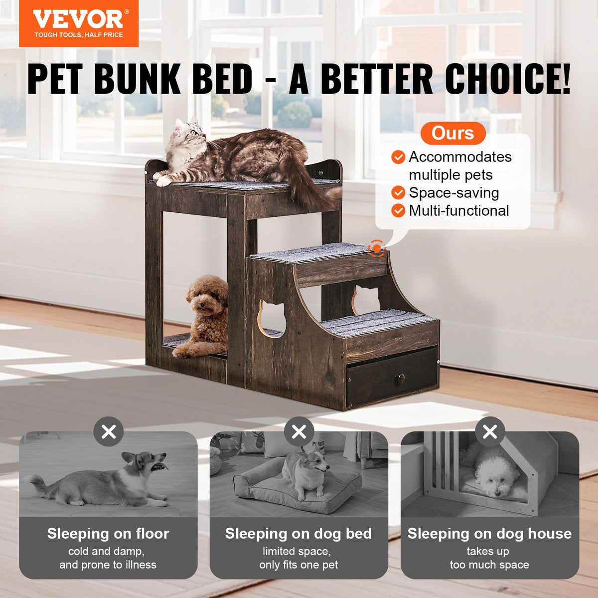 VEVOR Two-Tier Pet Bed with Stairs, Storage and Window Perch, Grey