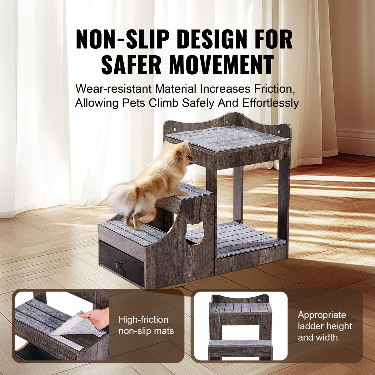 VEVOR Two-Tier Pet Bed with Stairs, Storage and Window Perch, Grey