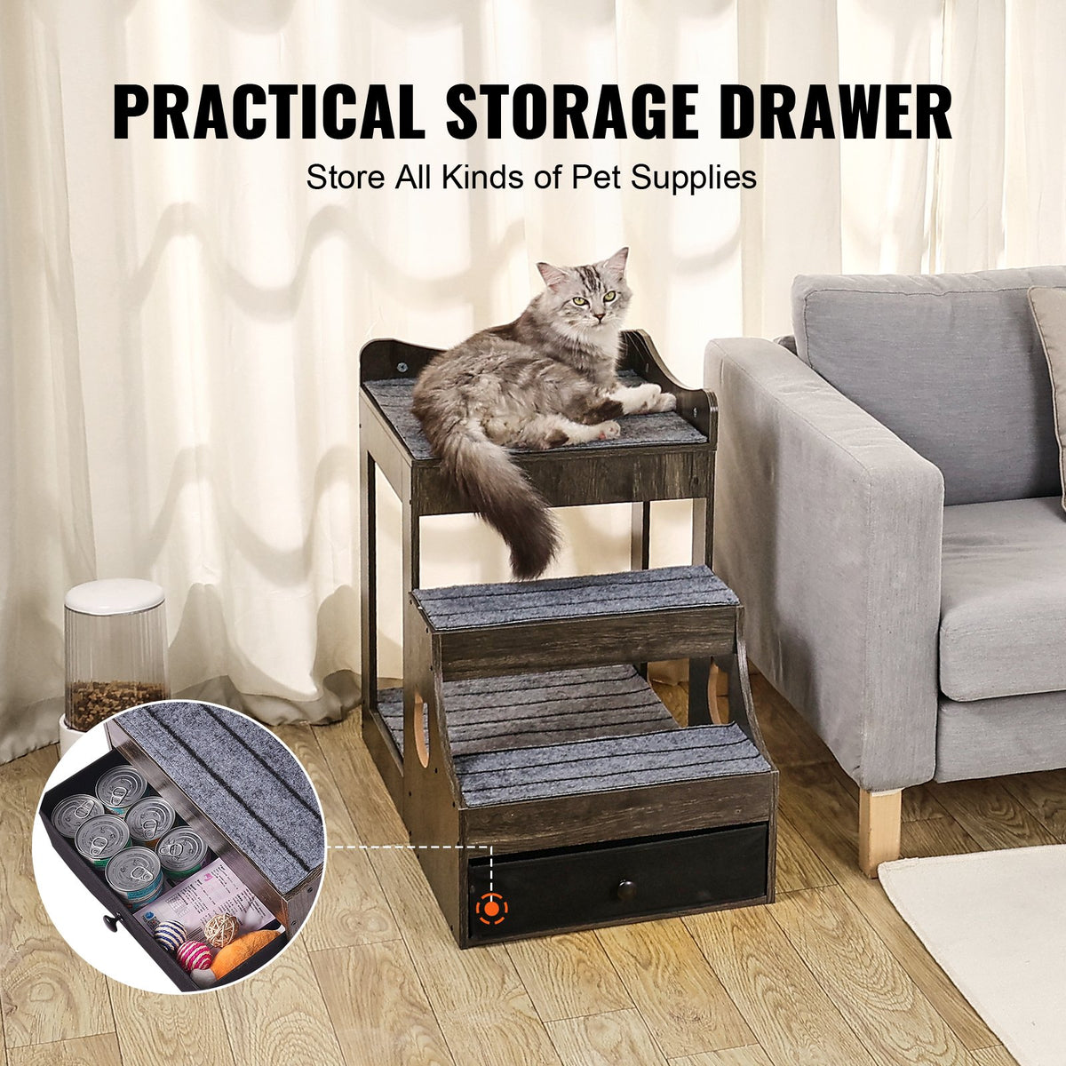 VEVOR Two-Tier Pet Bed with Stairs, Storage and Window Perch, Grey