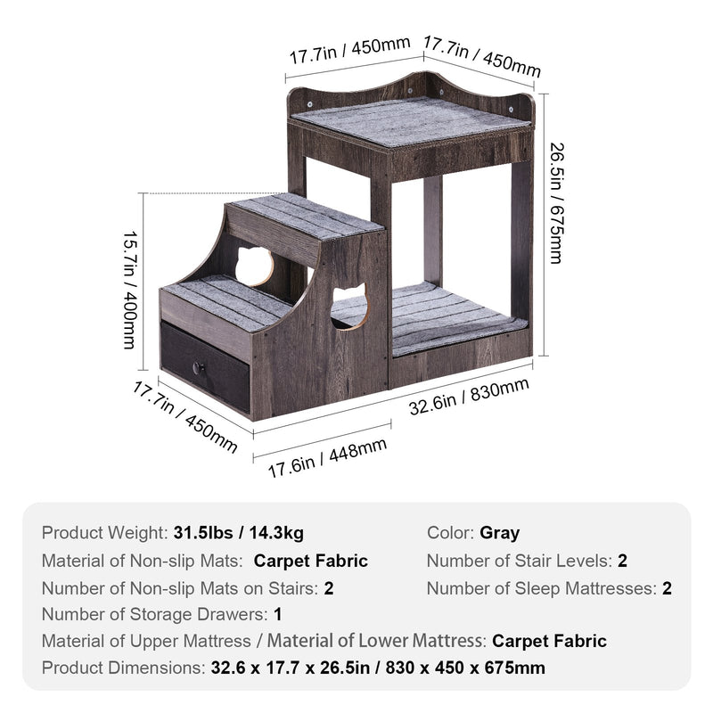 VEVOR divstāvu mājdzīvnieku gulta ar kāpnēm un glabātuvi - loga paliktnis suņiem/kaķiem, iekštelpām, pelēka