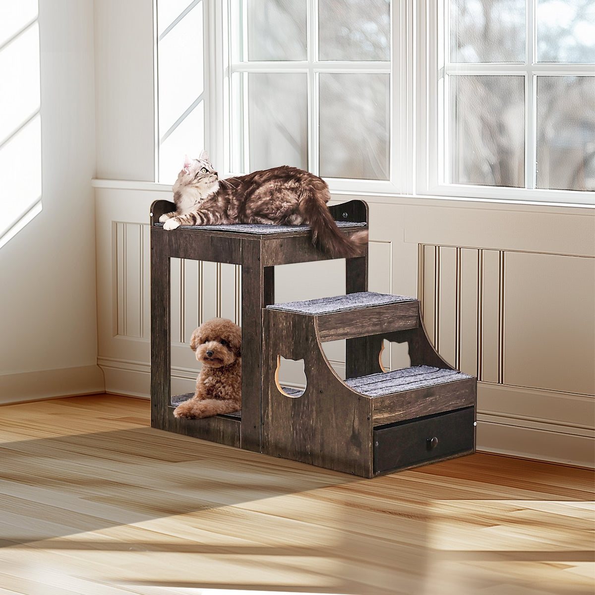 VEVOR Two-Tier Pet Bed with Stairs, Storage and Window Perch, Grey