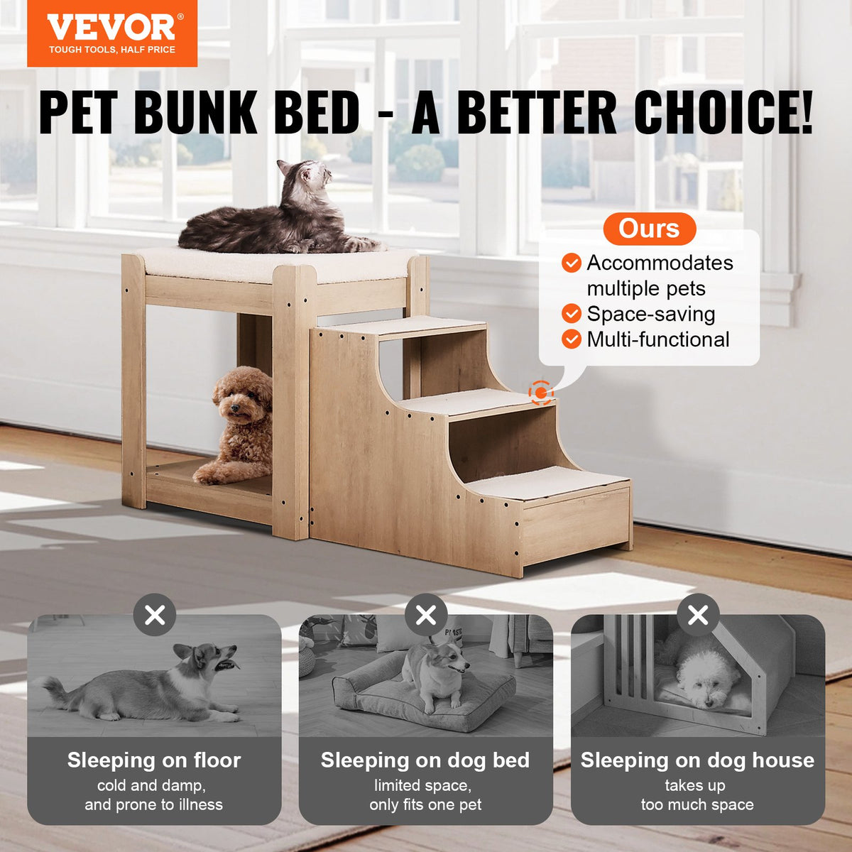 VEVOR Two-Storey Pet Bed with Stairs and Window, Bedside Placement