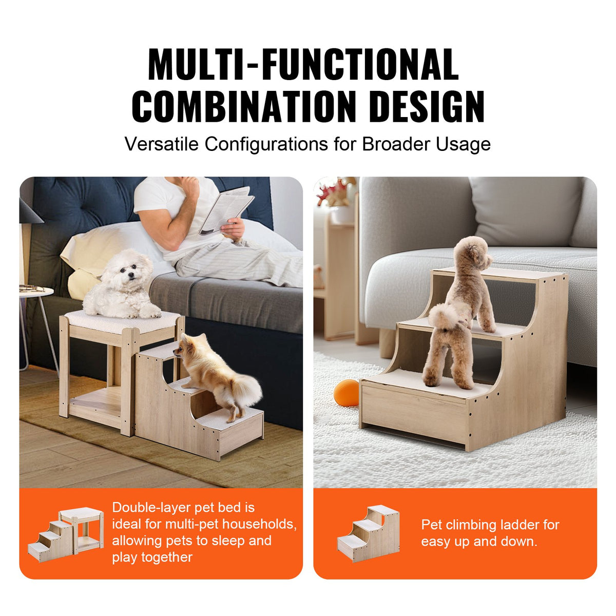 VEVOR Two-Storey Pet Bed with Stairs and Window, Bedside Placement