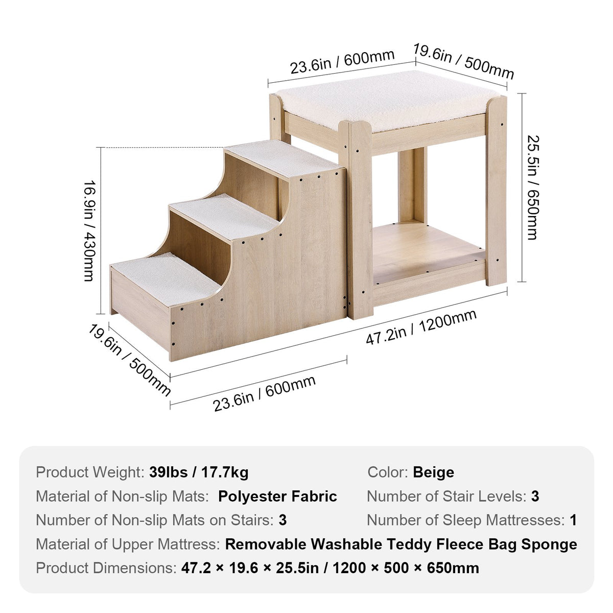 VEVOR Two-Storey Pet Bed with Stairs and Window, Bedside Placement