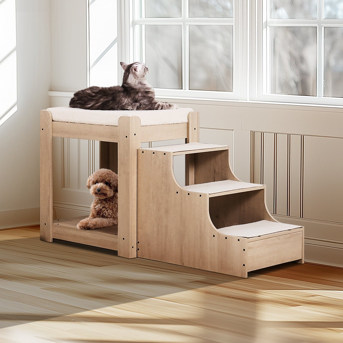 VEVOR Two-Storey Pet Bed with Stairs and Window, Bedside Placement