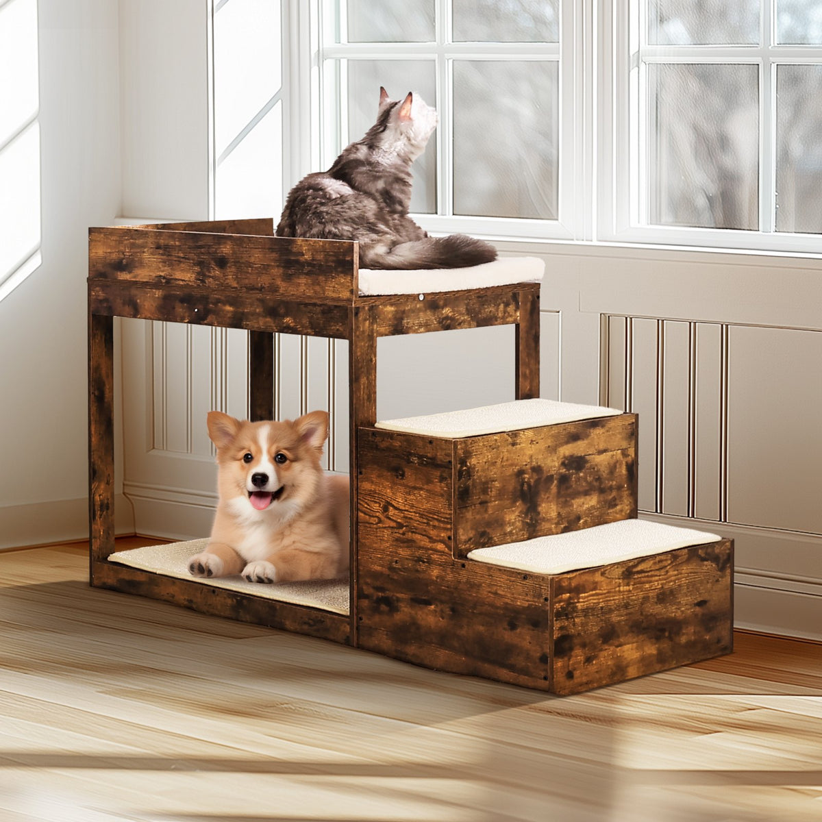 VEVOR Two-Storey Pet Bed with Stairs and Window Sofa, Medium