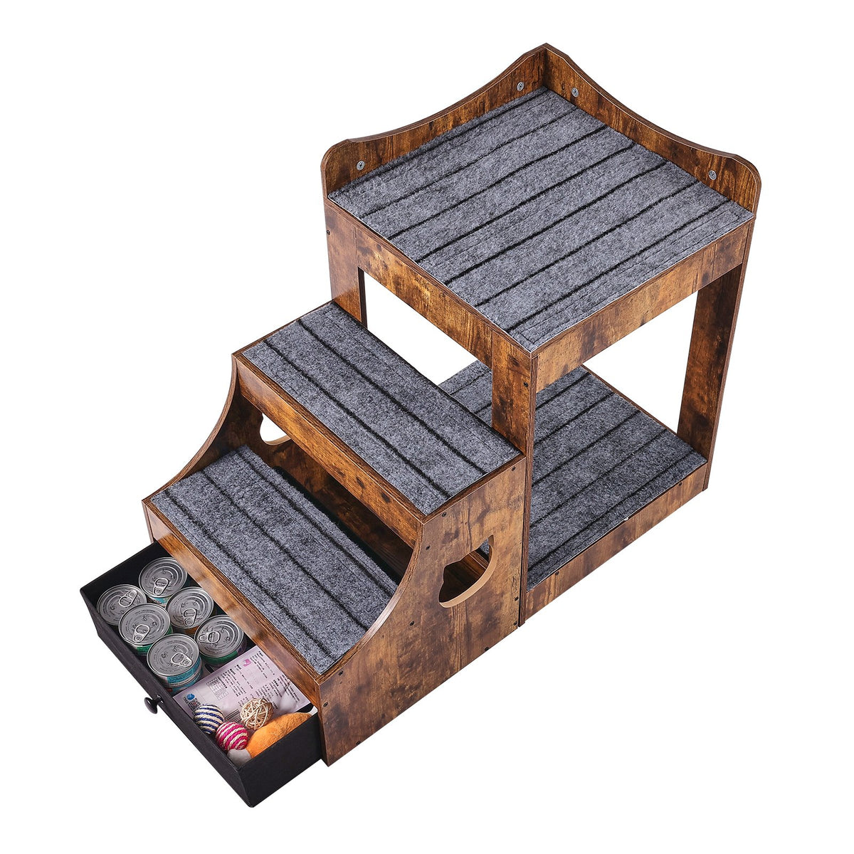 VEVOR Two-Tier Pet Bed with Stairs, Storage and Window Perch, Brown