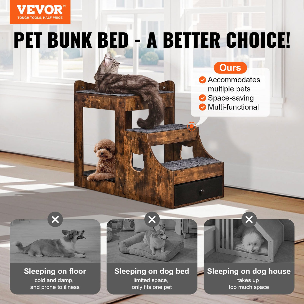 VEVOR Two-Tier Pet Bed with Stairs, Storage and Window Perch, Brown