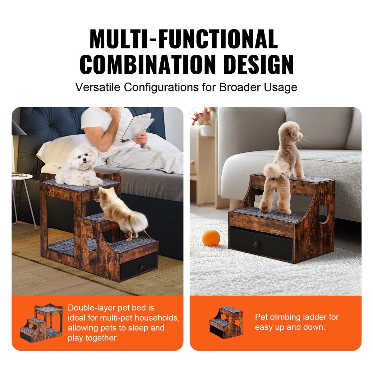 VEVOR Two-Tier Pet Bed with Stairs, Storage and Window Perch, Brown