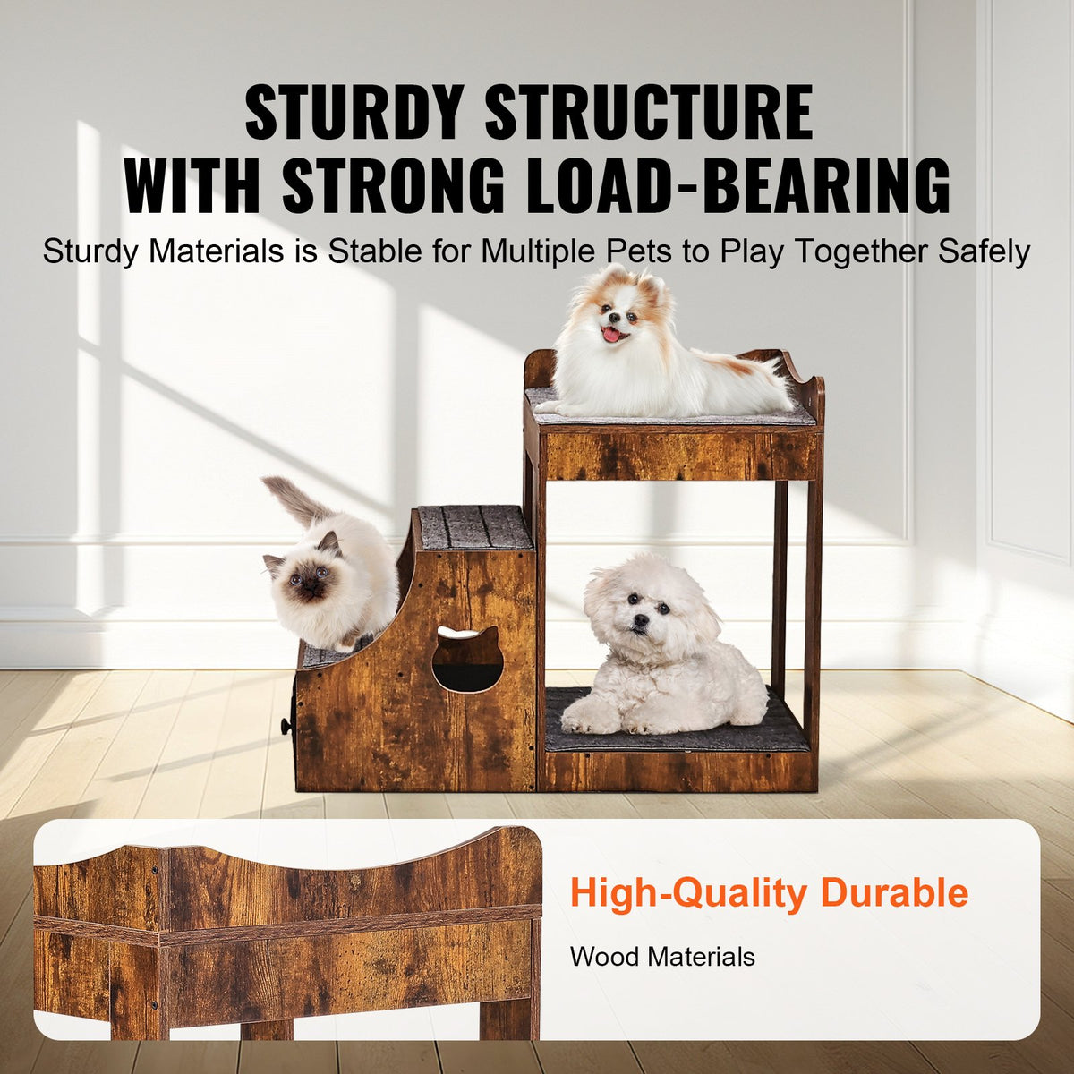 VEVOR Two-Tier Pet Bed with Stairs, Storage and Window Perch, Brown