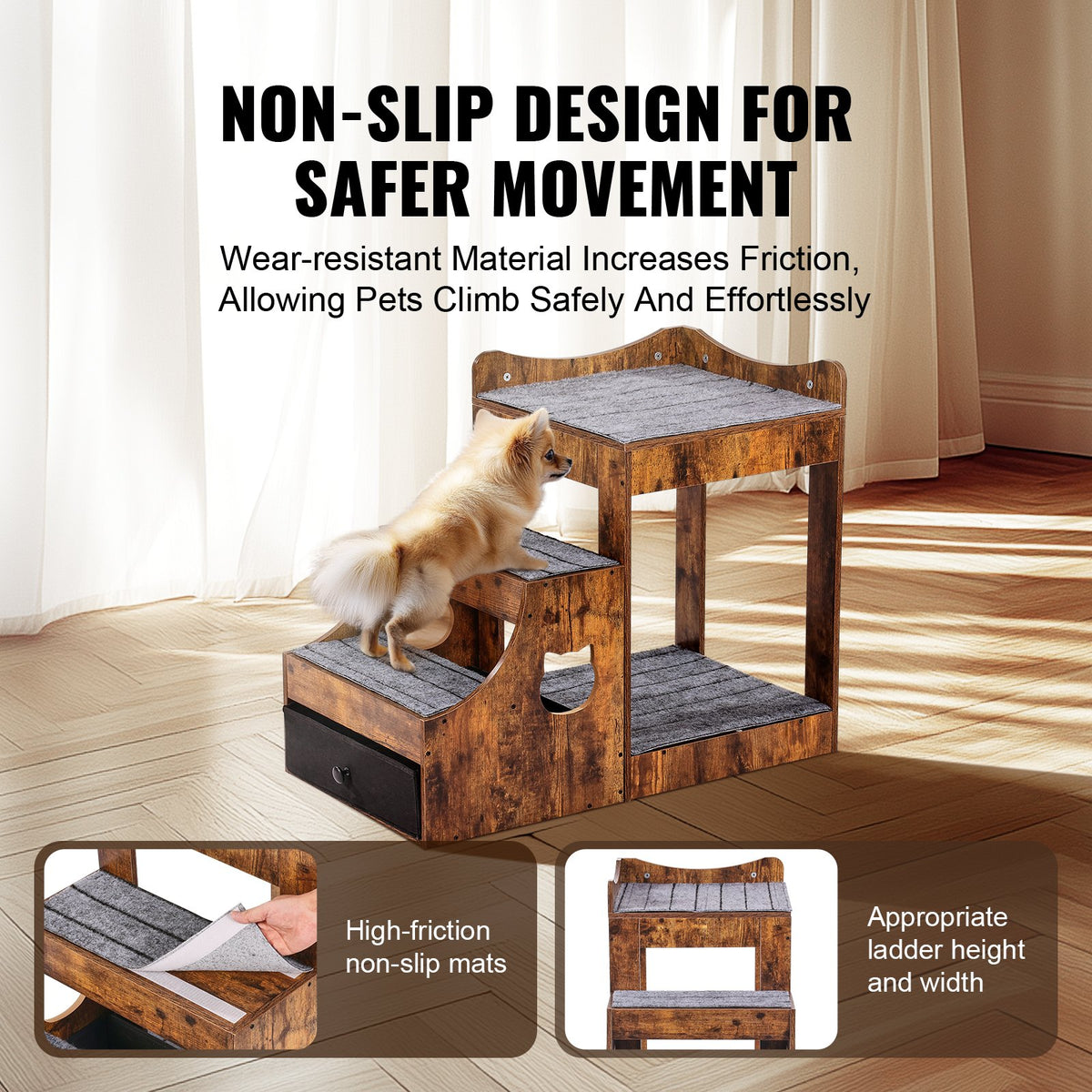 VEVOR Two-Tier Pet Bed with Stairs, Storage and Window Perch, Brown