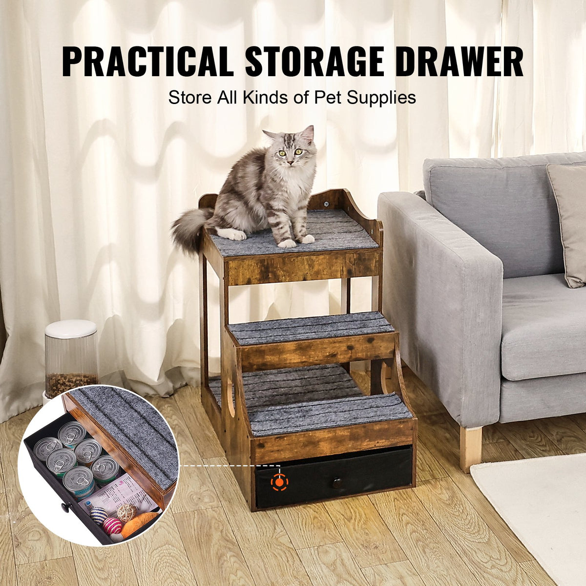 VEVOR Two-Tier Pet Bed with Stairs, Storage and Window Perch, Brown